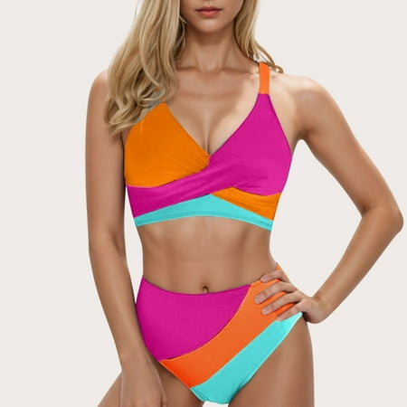 Tawop Swim Suits for Women 2025 Womean Swimwear Two Piece Bikini Bottoms Color Block Tie Swimsuits Clearance In Women Red M
