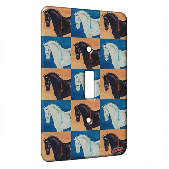 KuzmarK™ Single Gang Toggle Switch Wall Plate - Black Percheron Draft Horse Pattern Art by Denise Every