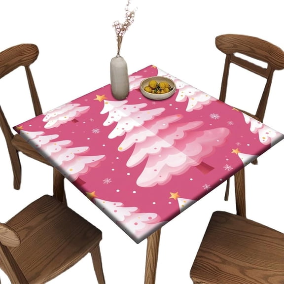 Fitted Tablecloth for Card Table, Pink and White Christmas Tree Pattern Printed on Oilproof Square Card Table Covers with Elastic, Great for Cafes & Offices, Fit for 32" x 32" Square Tables