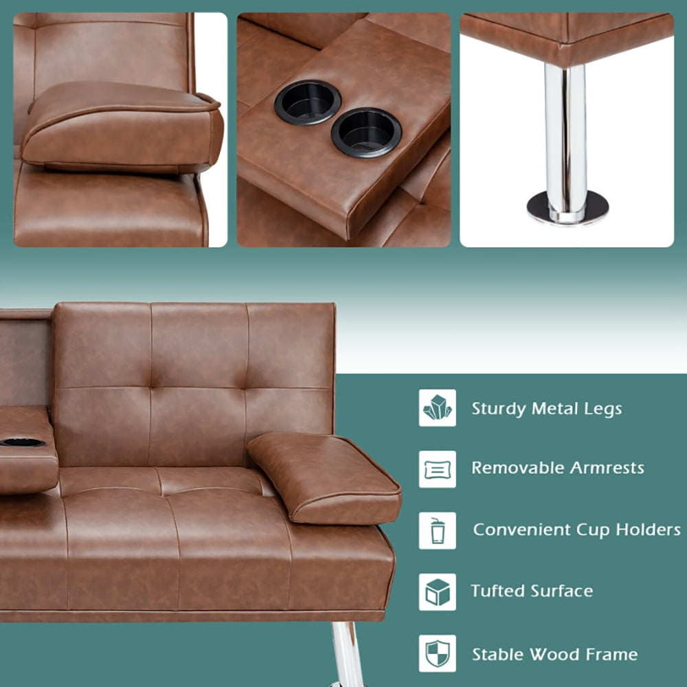 Finihen Futon Sofa Bed, Leather Couch, Convertible Folding Recliner, Convertible Folding Leather Futon Sofa with Cup Holders and Armrests, for Living Room, Bedroom, Brown Finihen Futon Sofa Bed, Leather Couch, Convertible Folding Recliner, Convertible Folding Leather Futon Sofa with Cup Holders and Armrests, for Living Room, Bedroom, Brown