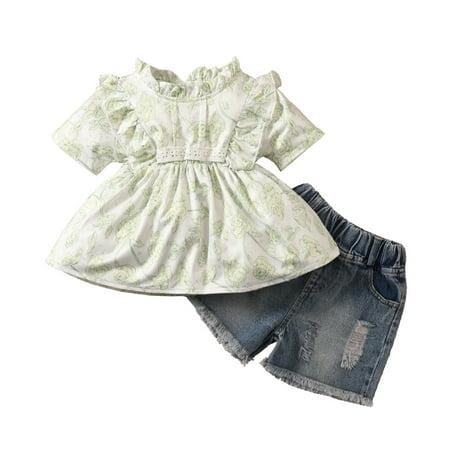 

XINSHIDE Children Baby Girls Set Summer Fashion Denim Casual Print Short Sleeve + Jeans Suit Baby Clothes
