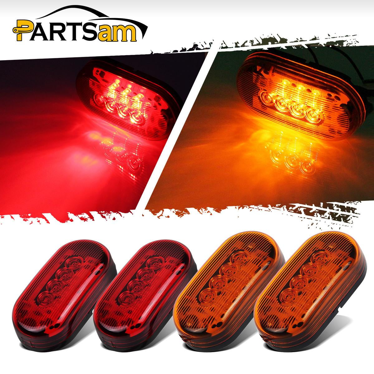 Partsam 4x Waterproof Amber/Red 4LED Side Marker Light 2x 4 LED Clearance Trailer Fender Lights Amber Front Red Back 4 Diodes RH/LH 