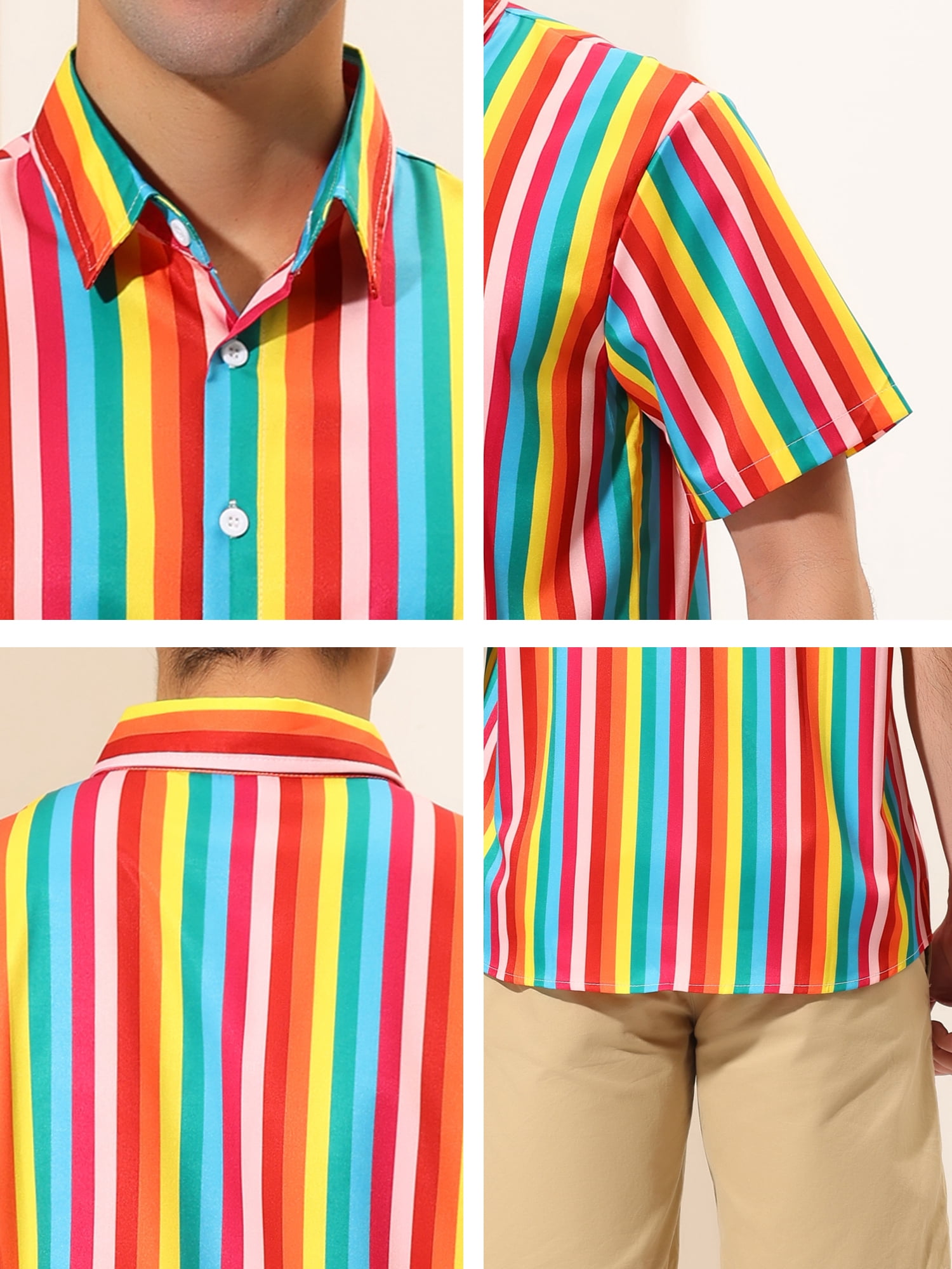 Unique Bargains Men's Summer Vertical Stripe Print Short Sleeve Button Down Shirts XL Rainbow
