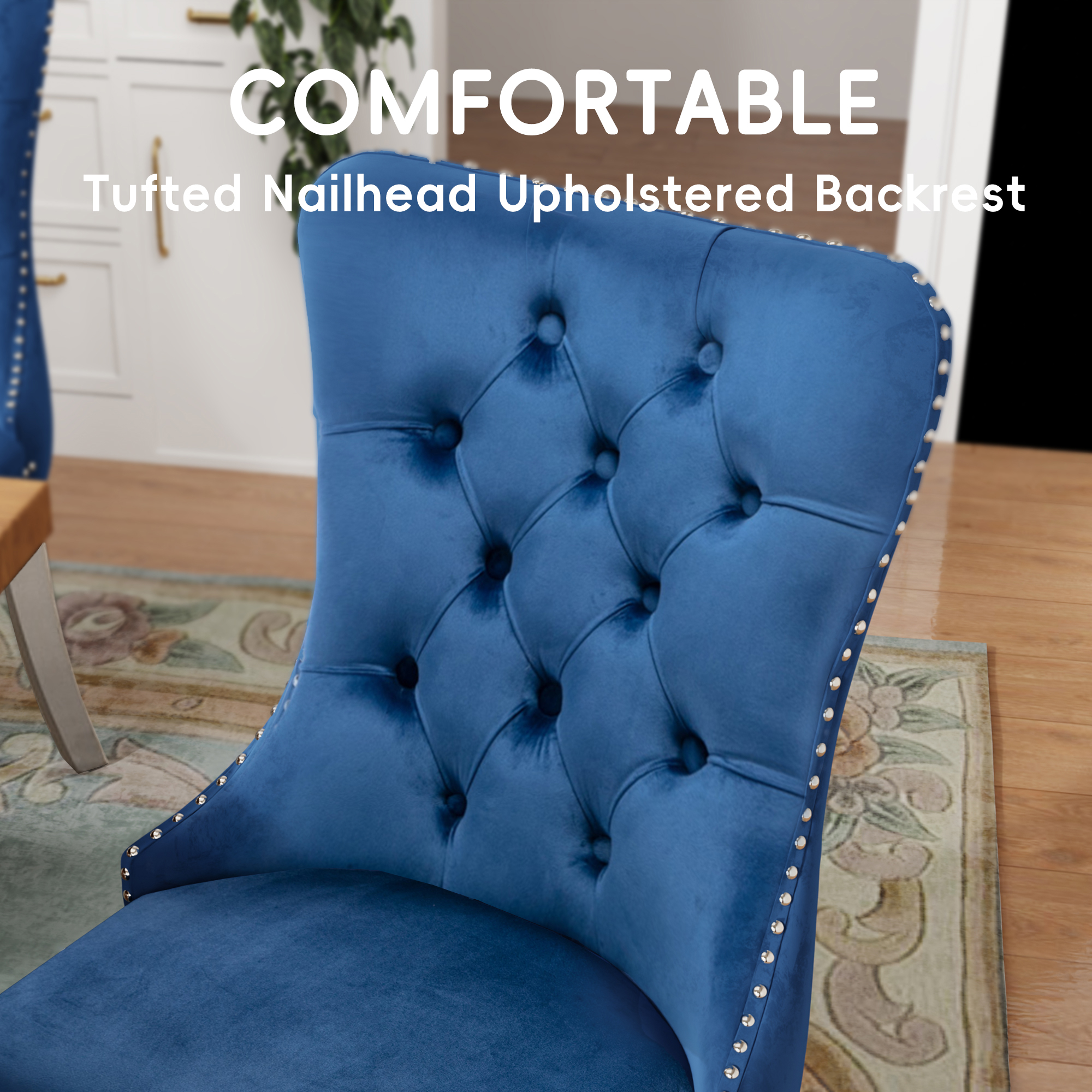 DONICK Velvet Upholstered Dining Chairs,Kitchen & Dining Room Chairs,Nailheads Tufted,Soft,Solid Wood Frame(Blue Silver,Set of 6)
