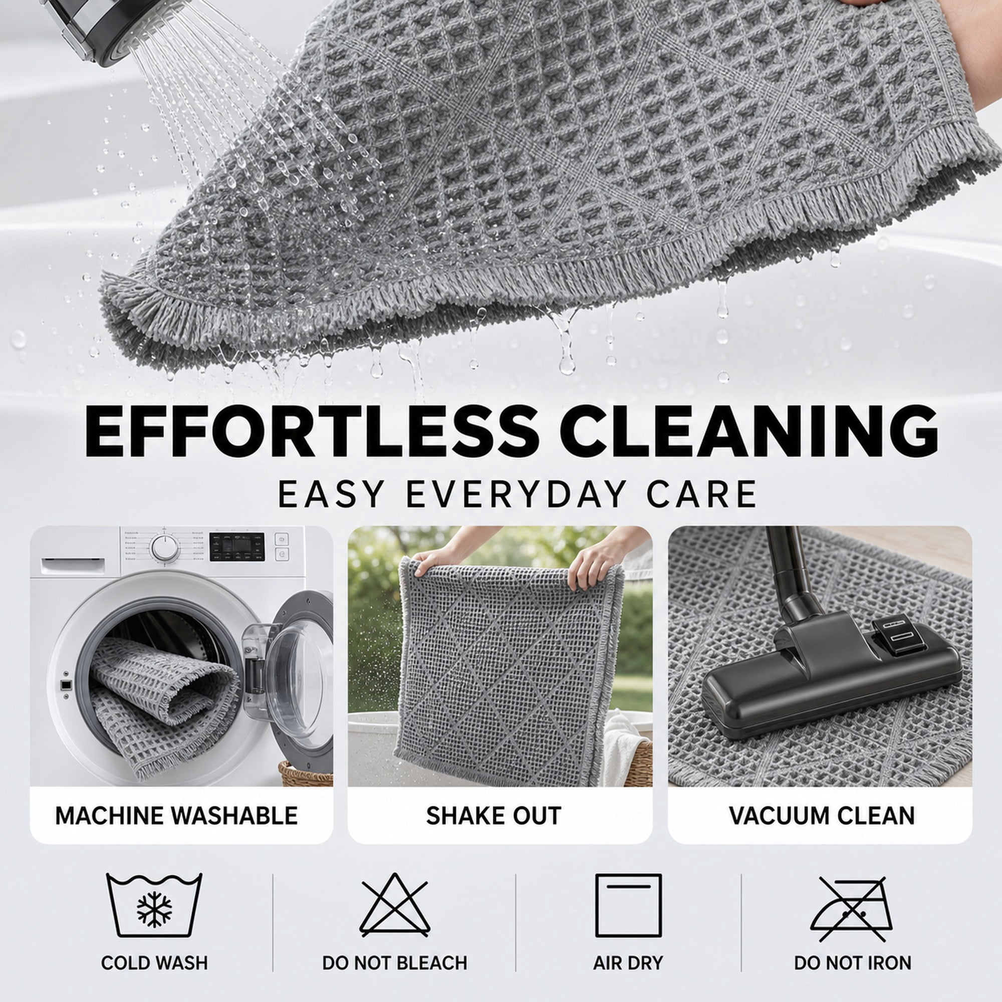 HBK 2 Piece Waffle Bath Mat Set, Non-Slip Bathroom Rugs, Absorbent & Machine Washable Shower Runner, Grey & White, 20 x 47 and 18 x 30 Inches