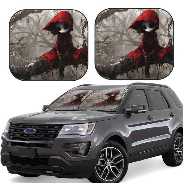 Balery Dark Red Hooded Girl Parasol para parabrisas de coche de 2 piezas | Parasol plegable para parabrisas delantero de coche para la mayoría de sedanes-Large