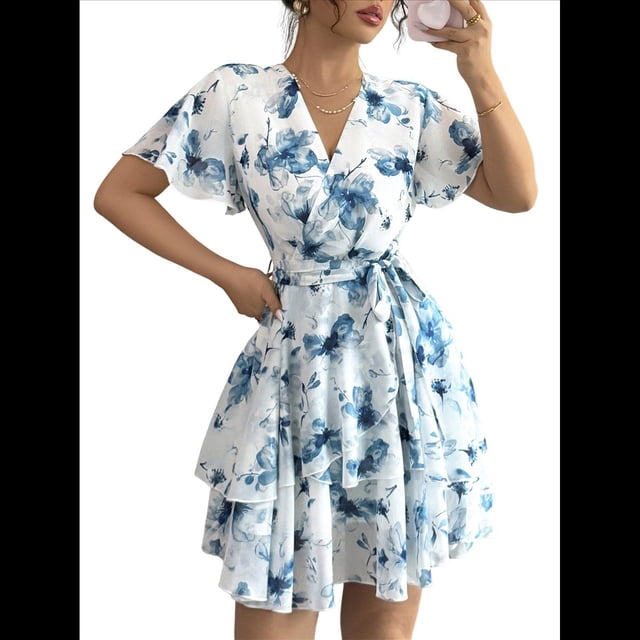 Vestidos de Verano para Mujer, con Estampado Floral, Escote en V y Volantes, Estilo Informal de , Vestido Fluido y Cruzado para Azul L