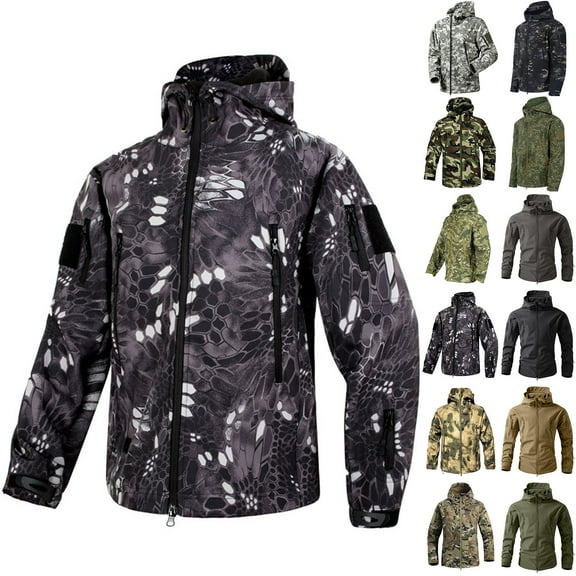 LTTVQM Mens Coat All Season Sport Outdoor Soft Shell Waterproof Working Hiking Hooded Camouflage Coat Jackets Snake Pattern XL