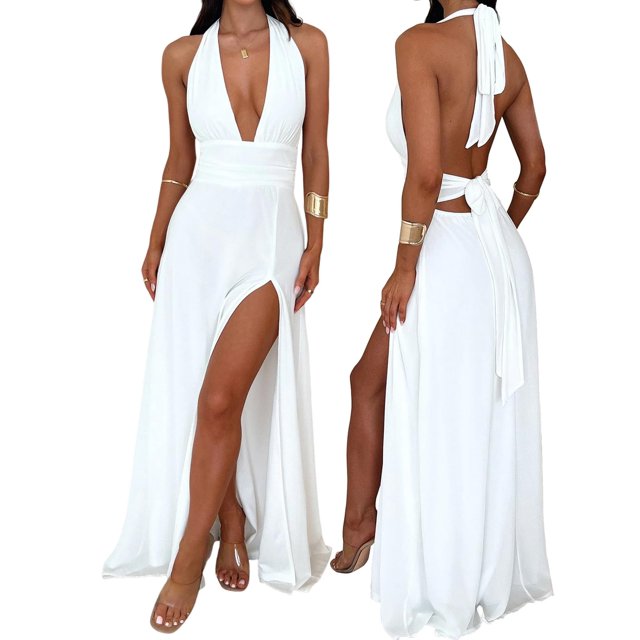 Vestido largo XinFsh Summer Halter con cuello en V profundo y abertura alta, blanco
