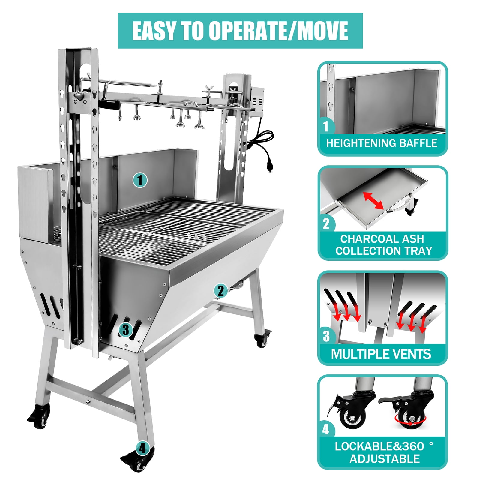 RIGMEC 25W Electric Grill, 132Lbs Stainless Steel Rotisserie, Portable Roasting Machine with Wheels, Motor & Wind Baffle for Pig, Chicken and Lamb Barbecue