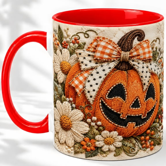 Pumpkin Jack-o'-Lantern Accent Mug, 11oz Ceramic Mug for Fall Glossy ceramic mug with vibrant pumpkin artwork for daily coffee, tea, or office use