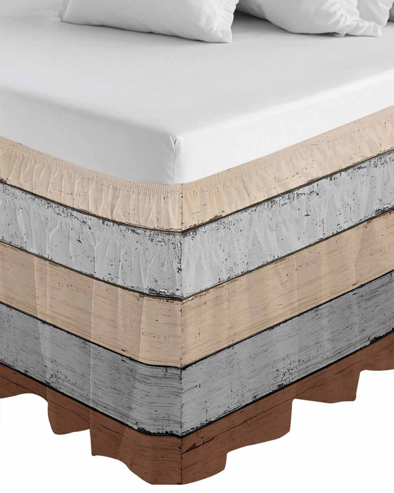 Brown Gray Wood Grain Ruffle Bed Skirt California King Size Countryside Stripe Adjustable Elastic Dust Bed Skirts Wrap Around Bedskirt Wrinkle Free Easy Fit with 18 Inch Drop