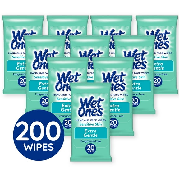 Wet Ones Sensitive Skin Hand Wipes, Fragrance Free/Unscented, 20 Ct Pouch, 10 Pack, 200 Total Wipes