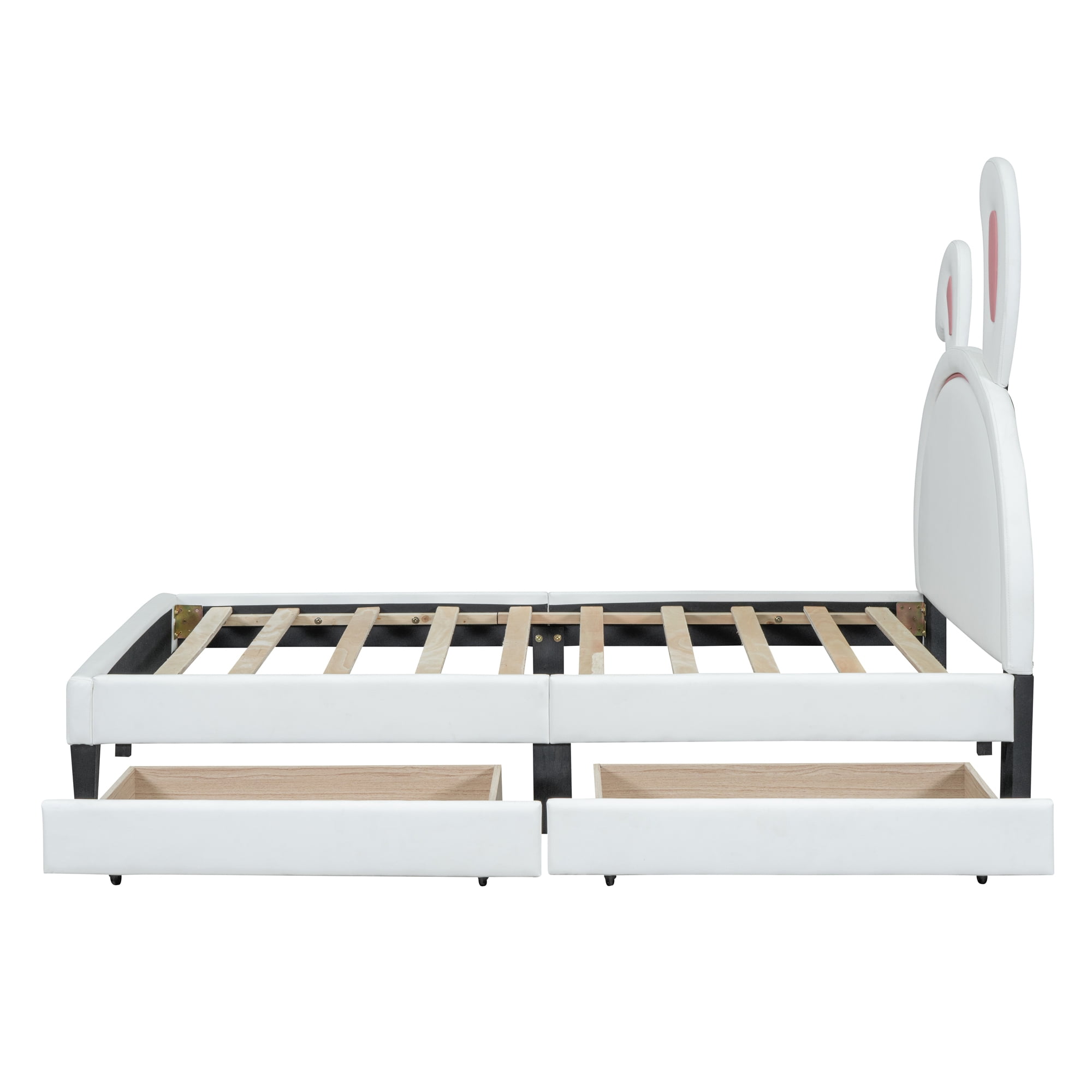 Leumius Twin Size Upholstered Platform Bed with 4 Drawers & Rabbit Ornament Headboard,PU Leather Bed Frame for Boys and Girls,White