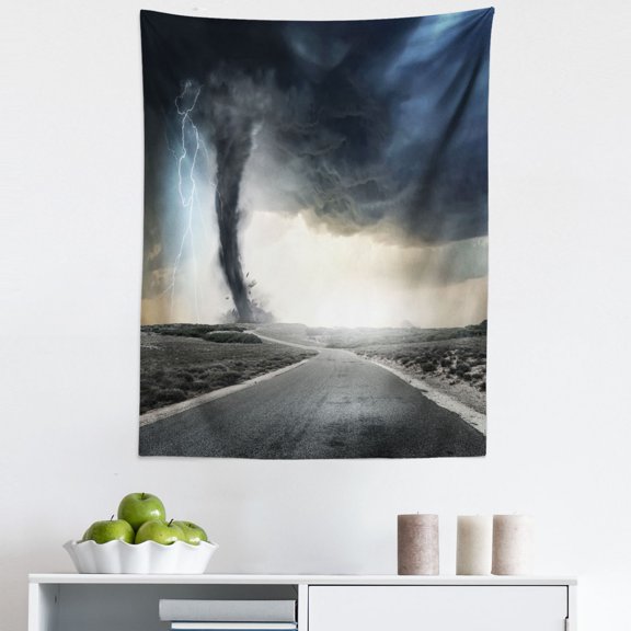 Nature Tapestry, Black Tornado Funnel Gas and Thunder Rolling on the Road Fume Disaster Monochrome Print, Fabric Wall Hanging Decor for Bedroom Living Room Dorm, 5 Sizes, Grey, by Ambesonne