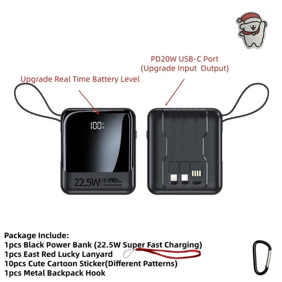 10000mAh Power Bank with 4-in-1 Cable, 22.5W Super Fast Charging, LED Light, Portable Phone Charger for Outdoor Travel