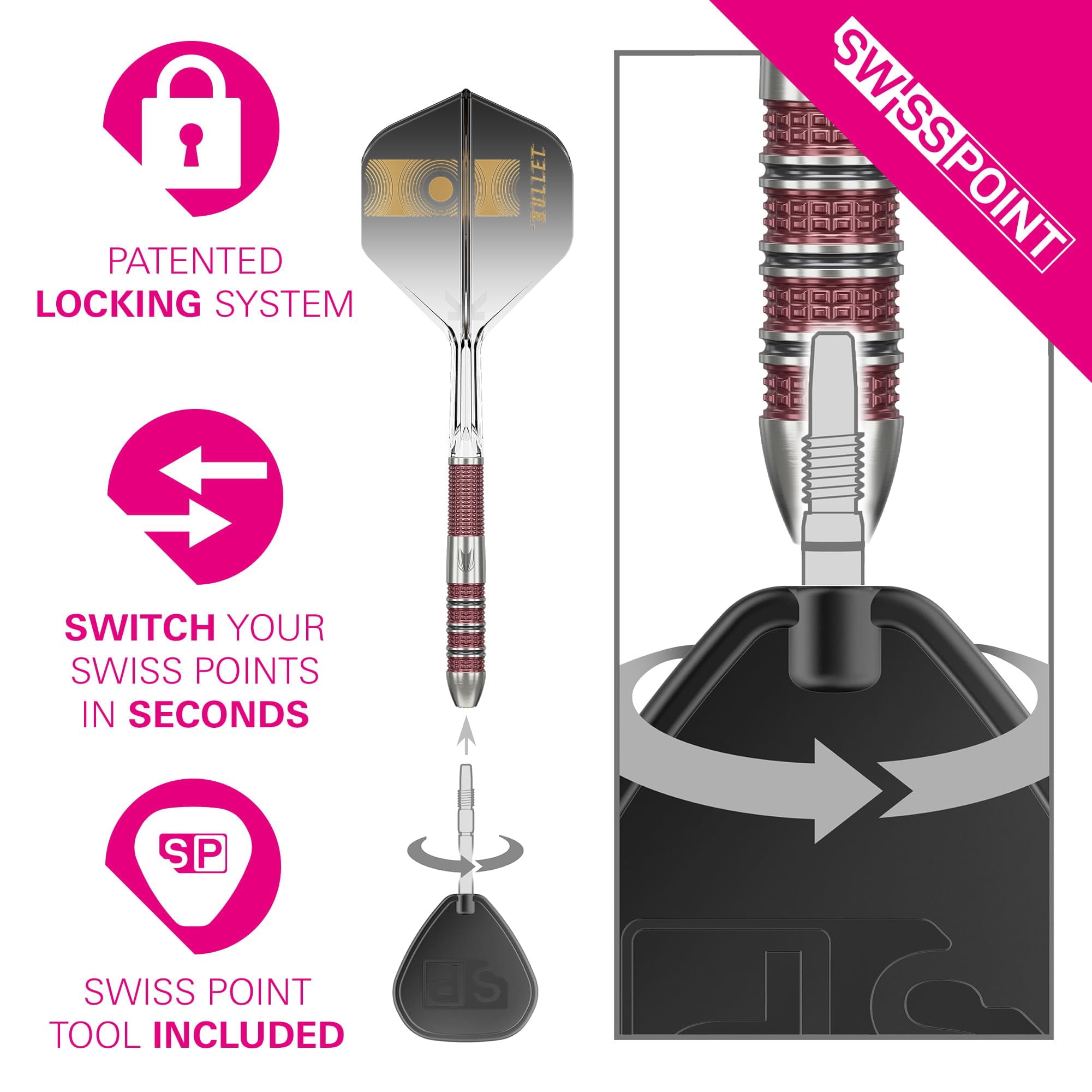 Target Darts Stephen Bunting 95K Swiss Point Steel Tip Dart Set, 18G | Kflex Flights & Shafts, The Bullet Player Edition 95% Tungsten Darts, Spare Gold DX Points & Premium Keyring SP Tool