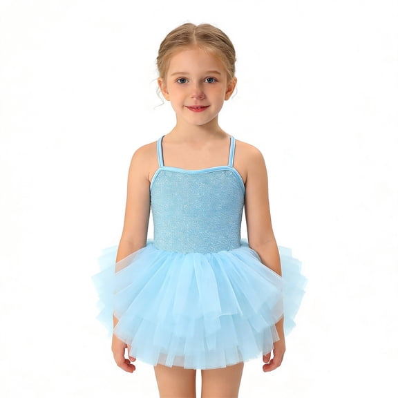 Kiijoy Girls Spaghetti Strap Ballet Dance Dress Tutu Skirted Leotard Dress, Sizes 5-6