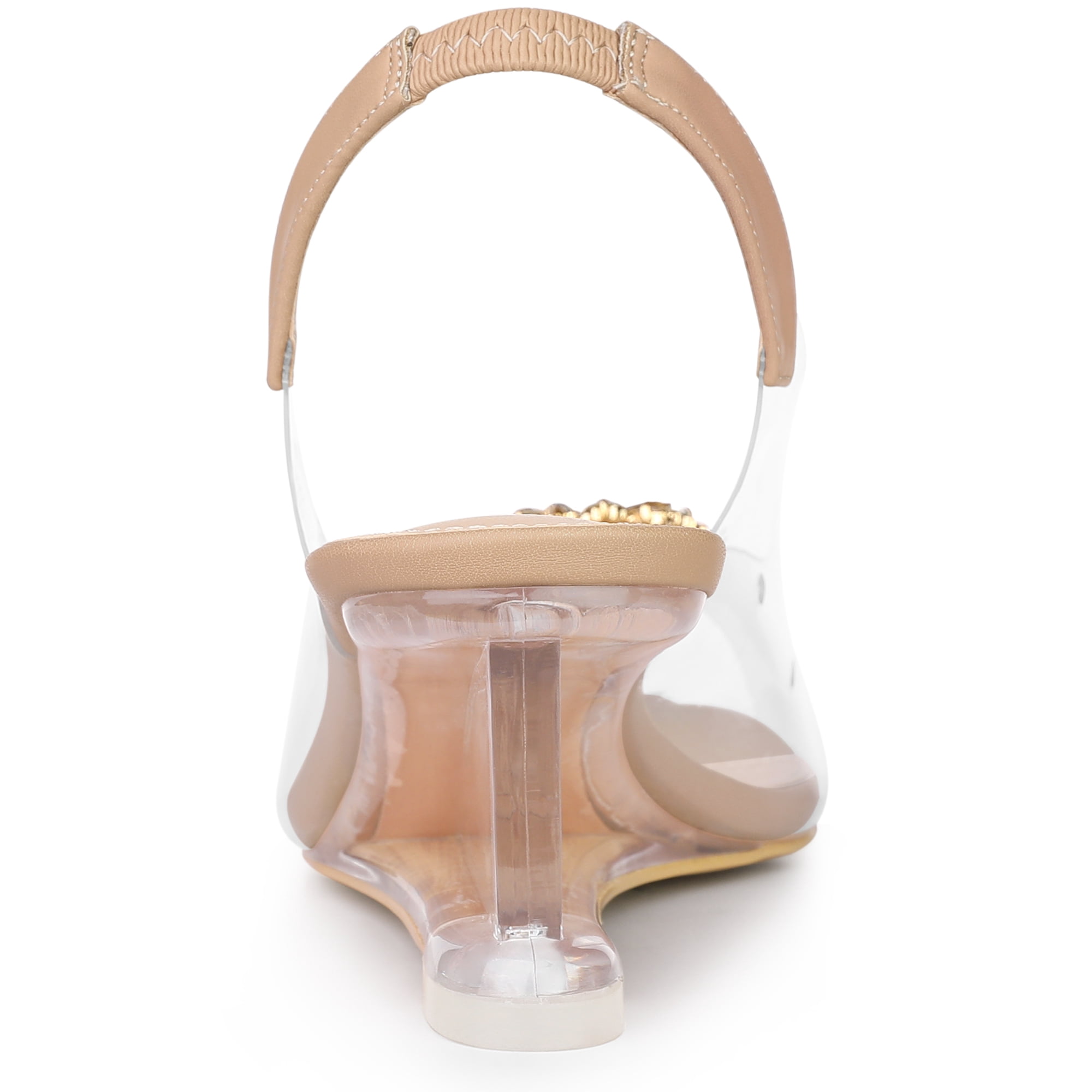 DARING DIVA Women's Clear Slingback Wedges Rhinestone Peep Toe Heels Nude 7