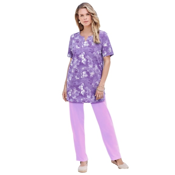 Roaman's Women's Plus Size Soft Knit Print Tunic With Notch Neckline