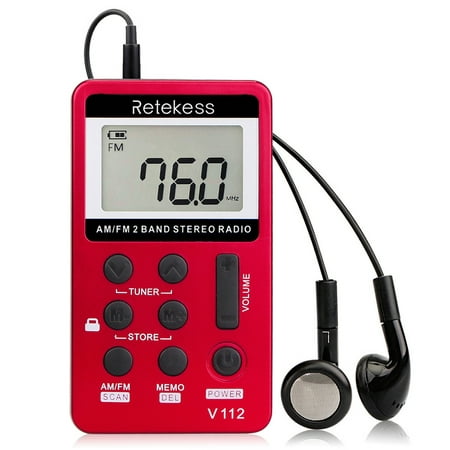 Retekess V-112 Portable AM/ FM Stereo Radio Pocket 2 Band Digital Tuning Radio Mini Receiver Outdoor Radio w/ Earphone Lanyard 1.5 Inch LCD Display Screen 500mAh