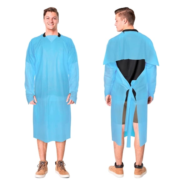 Blue Disposable Isolation Gown, X-Large, 45 Inch. Pack of 200 PPE Gowns Disposable. Waterproof CPE Personal Protective Equipment Gown with Waist Ties and Thumb Loop