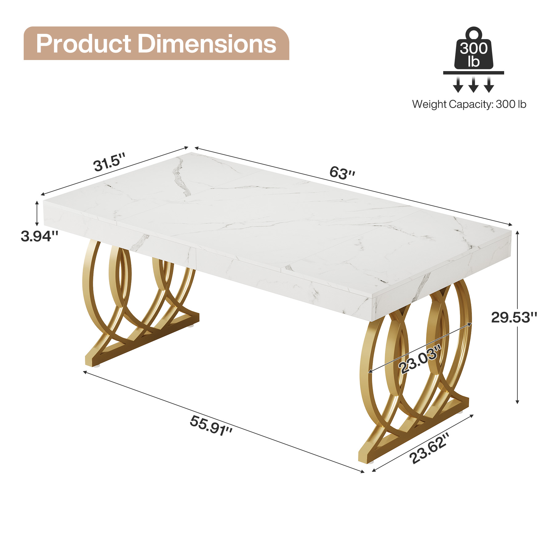 Tribesigns 63-inch Executive Desk, Modern Office Computer Desk with Stylish Gold Legs, White and Gold