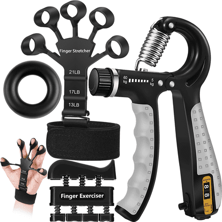 4 in 1 Grip Strength Trainer Kit, Adjustable Hand Gripper, Finger Exerciser, Finger Stretcher & Forearm Ring for Fitness & Hand Injury Rehabilitation