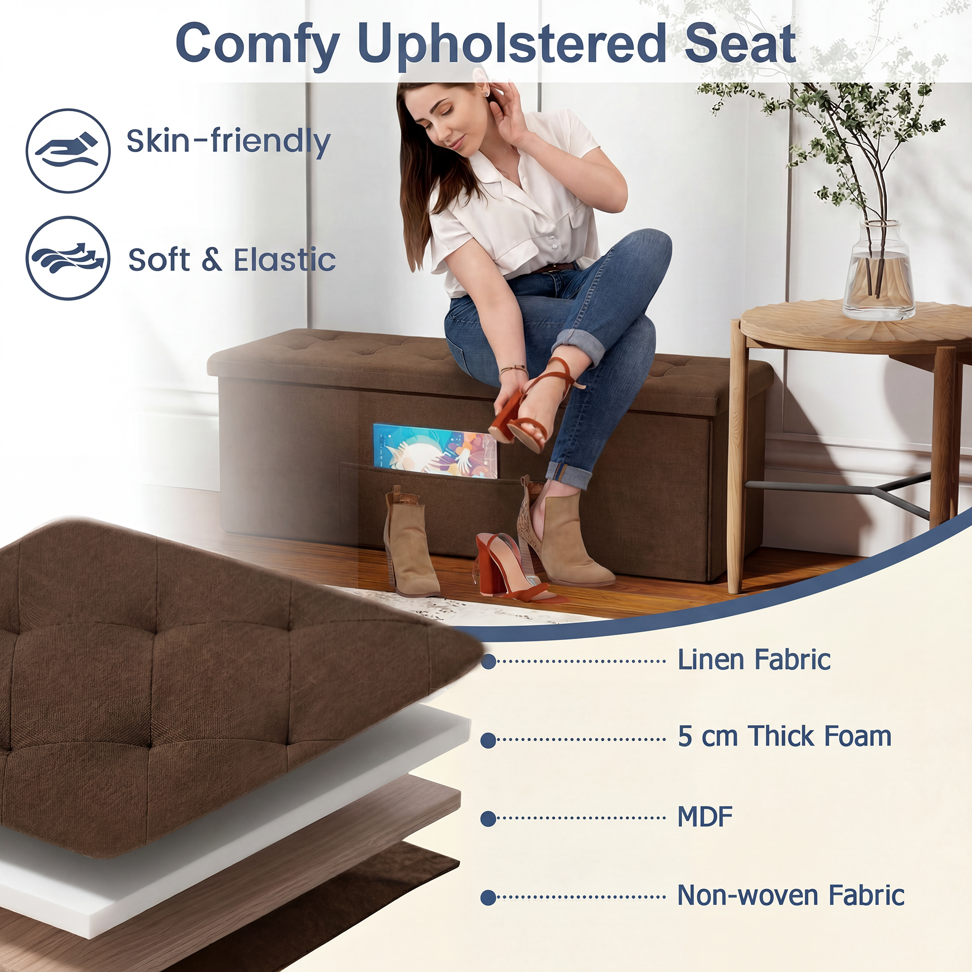 Costway 43" Folding Storage Ottoman Bench, Brown Linen photo 6