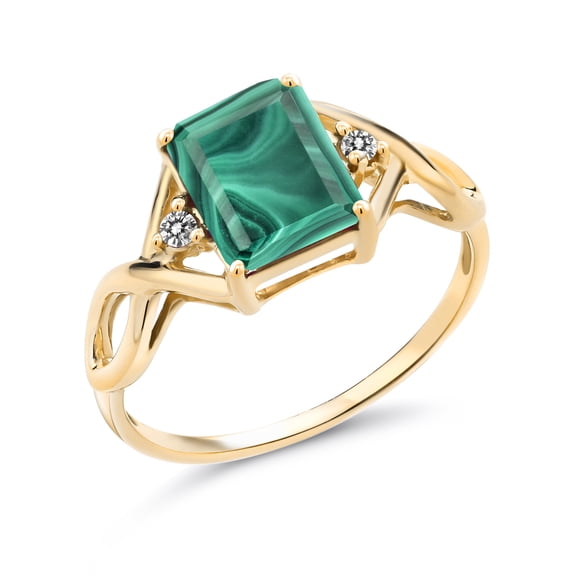 Gem Stone King 3.57 Cttw Green Malachite and White Diamond 18K Yellow Gold Plated Silver Ring for Women | Gemstone Birthstone | 9X7MM Emerald Cut (Size 6)