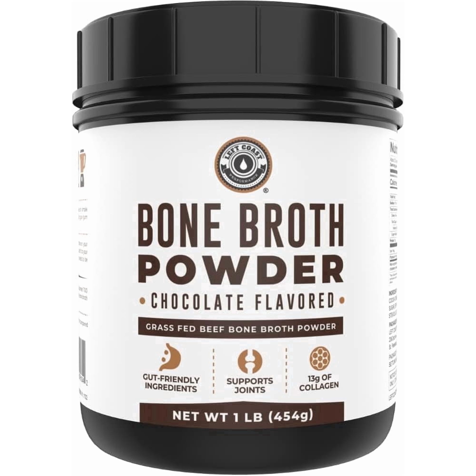 Left Coast Performance Grass Fed Beef Bone Broth Protein Powder with Collagen for Joint Support, Chocolate, 16 oz