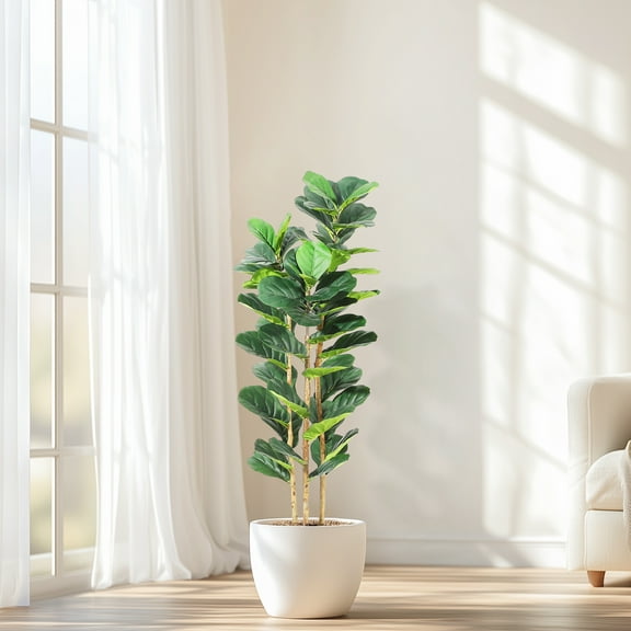 Artificial Fiddle Leaf Fig Tree with White Planter,5ft Tall Fake Tree with Natural Wood Trunk for Home Decor, Faux Ficus Tree Fake Moss for Indoor Office Living Room
