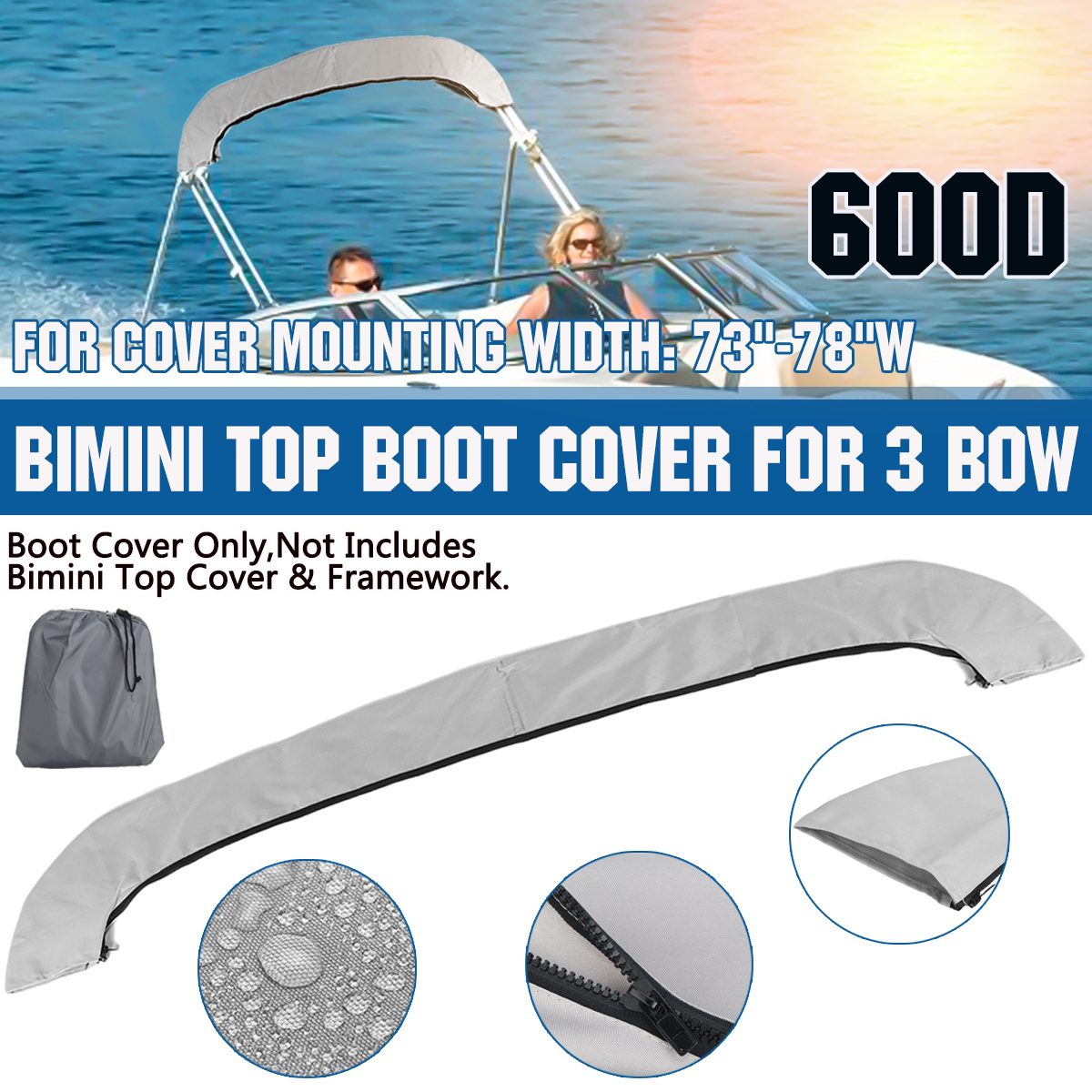 Gray 600D 3 BOW Bimini Top Boot Cover Storage Bag Sock Boat Shade No
