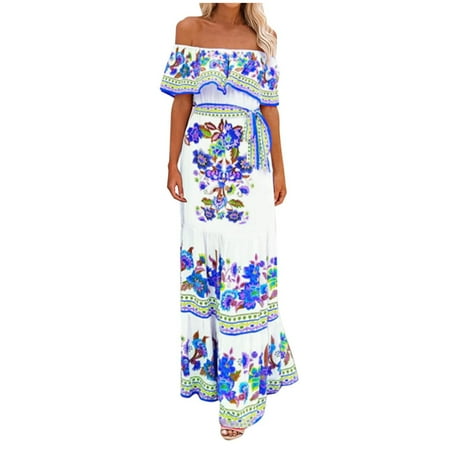 JINMGG Summer Dresses 2023  Dresses for Women 2023 Strapless Bandeau Elasticity for Women Summer Printing Tube Tops Casual Sexy Off Shoulder Holiday Dress Beach Dress Blue L