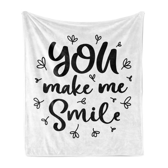 Smile Soft Flannel Fleece Blanket, You Make Me Smile Handwritten Powerful Wording with Doodle Floral Motifs, Cozy Plush for Indoor and Outdoor Use, 60" x 80", Charcoal Grey and White, by Ambesonne