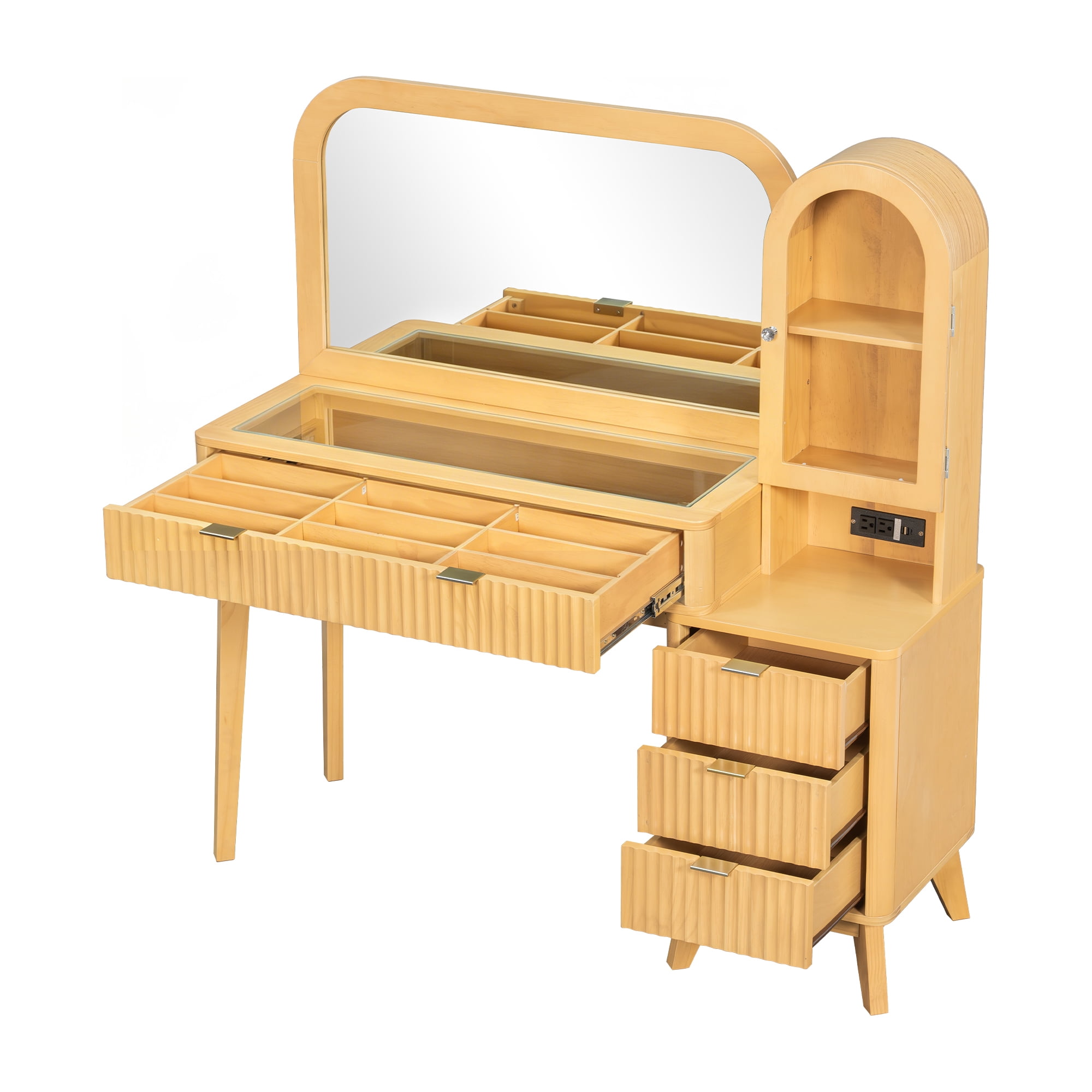 Euroco Fluted Makeup Vanity Desk with Mirror, Modren Vanity Table Set with Glass Top, 4 Drawers,Charging Station & Storage Cabinet,Dressing Table for Women and Girls, Bedroom,Natural