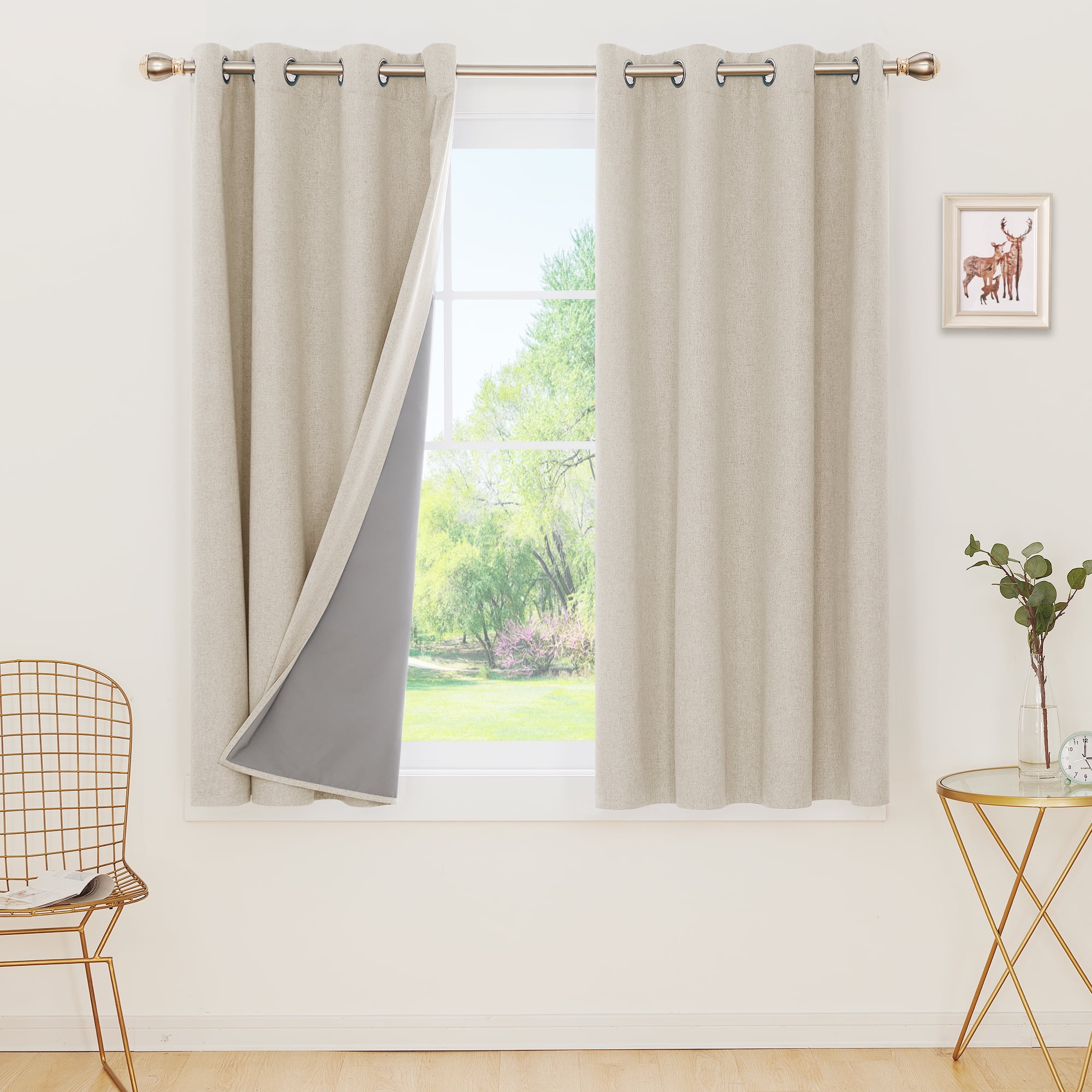 Deconovo Faux Linen Total Blackout Curtains 45 Inch Length 2 Panels Sound Reduction Short Curtains for Bedroom（Flaxen 2 Panels） 52W x 45L Inch Thermal Insulated Curtain Drapes with Coating 