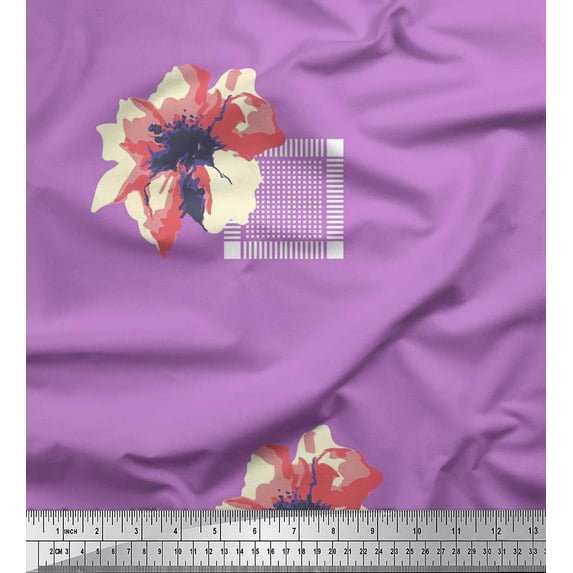 Soimoi Satin Silk Fabric Square & Floral Artistic Print Fabric by The Yard 42 Inch Wide