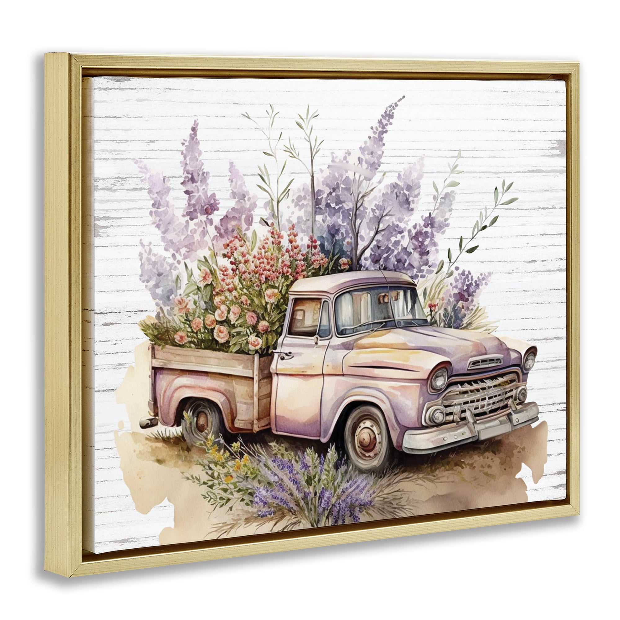 Stupell Industries Lavender Filled Truck Transportation Painting Gold Floater Framed Canvas Art Print Wall Art, 31 x 25