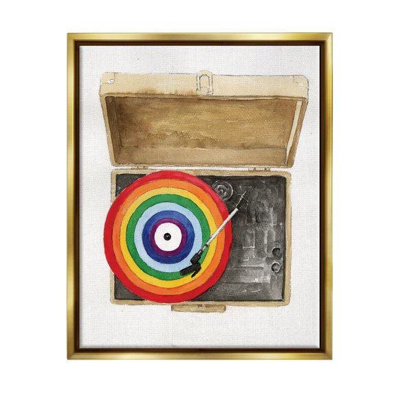 Stupell Industries Rainbow Record Player Performing Arts Painting Gold Floater Framed Canvas Art Print Wall Art, 25 x 31