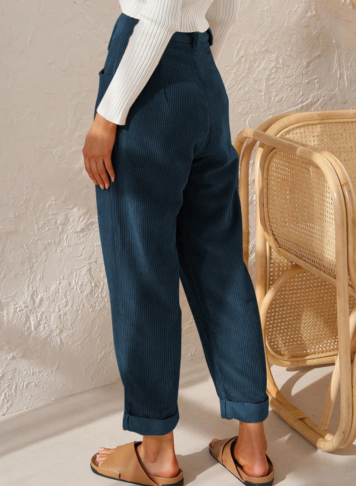 Eytino Corduroy Pants for Women Casual High Waisted Straight Leg Pants  Loose Comfy Trousers with Pockets Blue XS Female