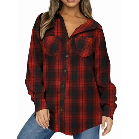 UVN Plaid Shirt for Women Oversized Flannel Long Sleeve Shirts Casual Button Down Blouse Tops with Pockets