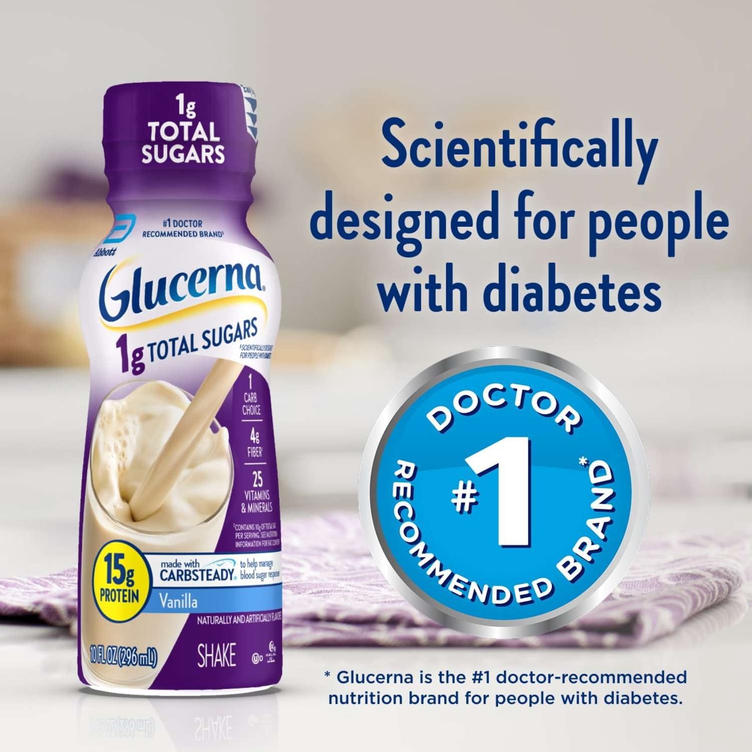 (4 pack) Glucerna 1g Total Sugars, Vanilla, 10-fl-oz Bottle, 4 Pack