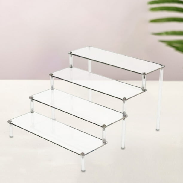 Estantería transparente acrílica, tipo escalera, para exhibir objetos, estantes acrílicos transparentes, exhibidor de joyas y perfumes, estructura metálica plegable, diseño de 2 niveles,