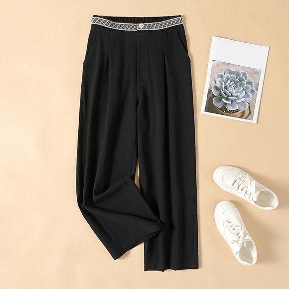 Drovellove Women's Plus Size Wide Leg Pants with Elastic Waist – Linen Blend Art Halen Trousers for Casual Summer Days