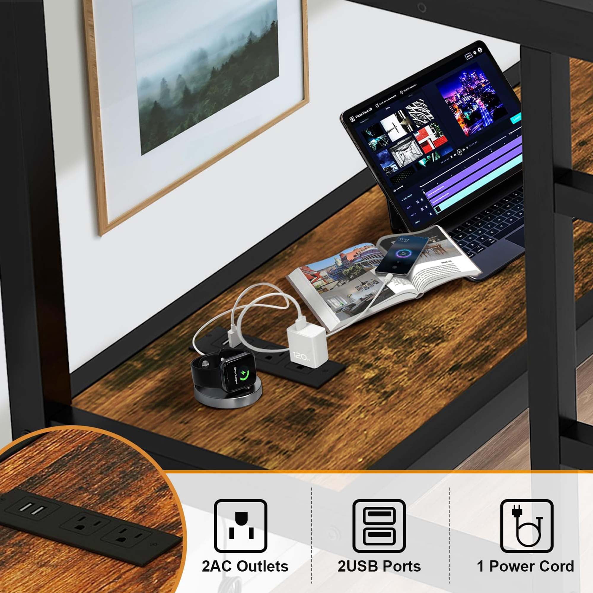 Miniyam Twin XL Metal Loft Bed Frame with Gaming-Friendly Desk & LED Light, Black