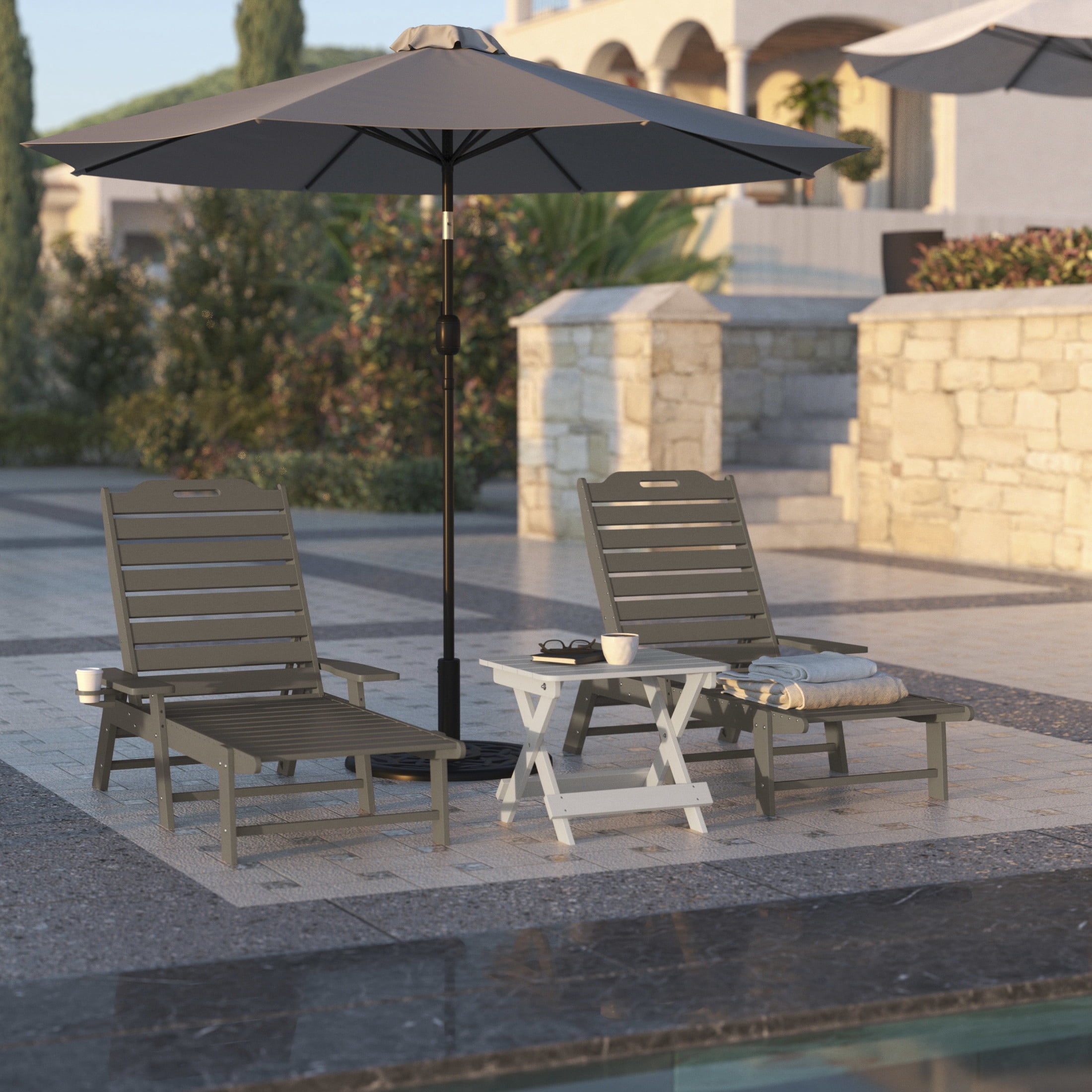 Flash Furniture Monterey Adjustable Adirondack Lounger with Cup Holder- All-Weather Indoor/Outdoor HDPE Lounge Chair in Brown