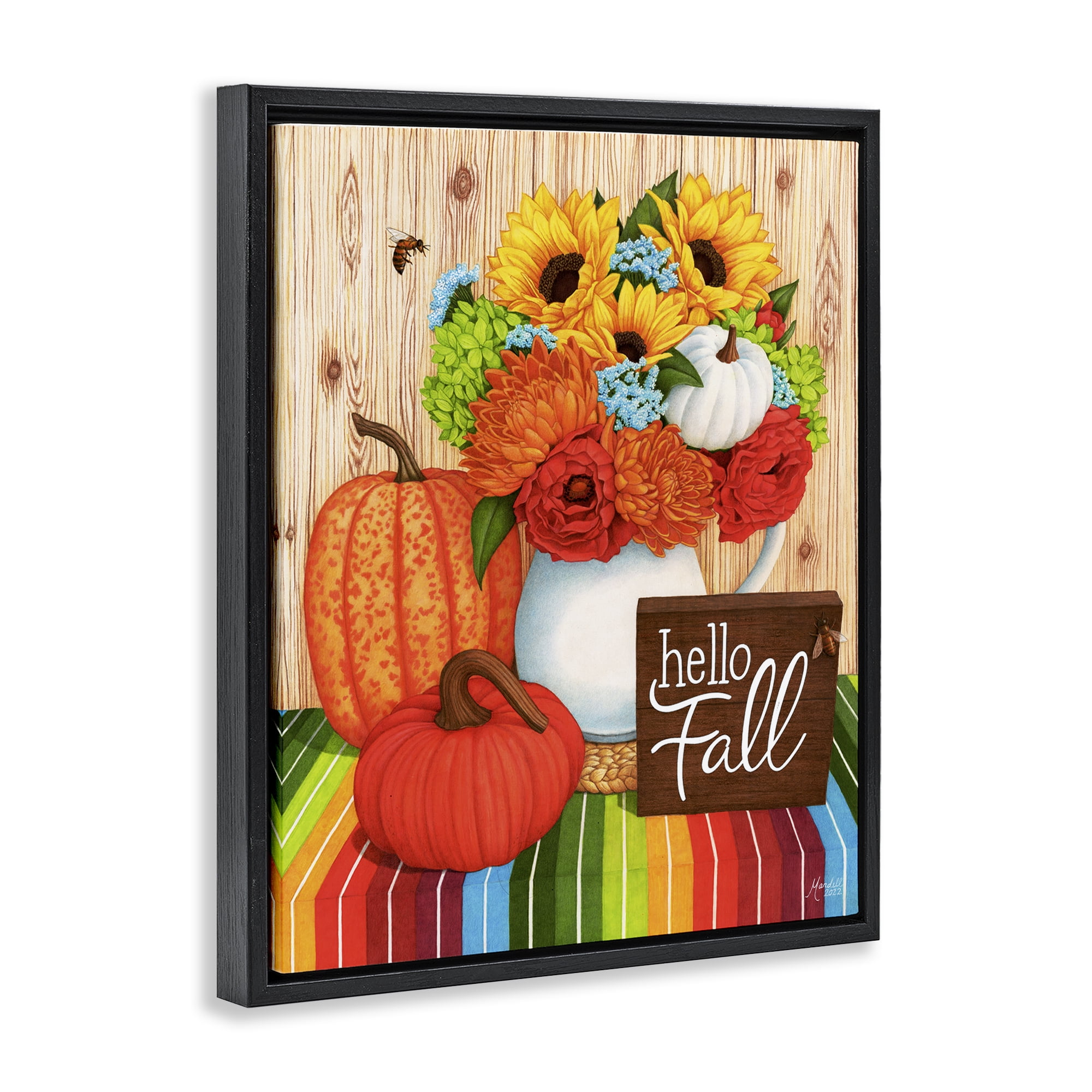 Stupell Industries Hello Fall Rainbow Pumpkins Holiday Painting Black Floater Framed Canvas Art Prints Wall Art, 17 x 21