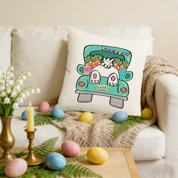 Funda de cojín de Pascua con diseño de conejos y huevos | 45 x 45 cm, de lino sintético, decorativa para sofá y cama | Lavable y resistente a las arrugas