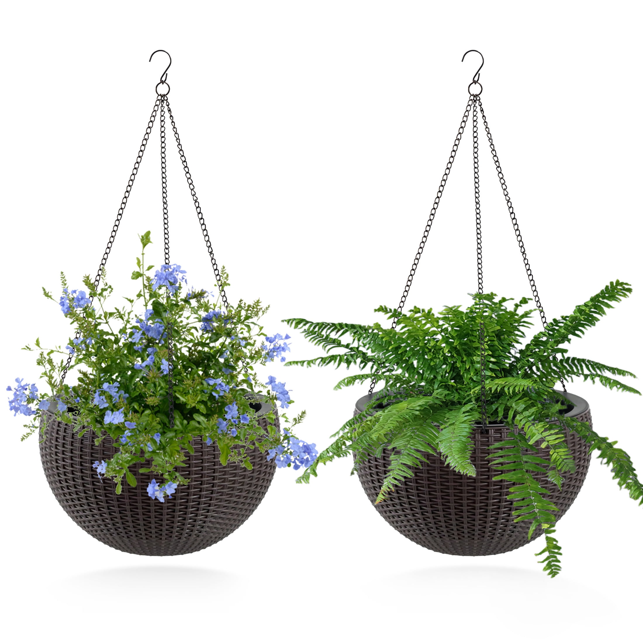 Noble House 2 Pack 13.4" Self-Watering Hanging Planters, Rattan-Style Flower Pots, Brown